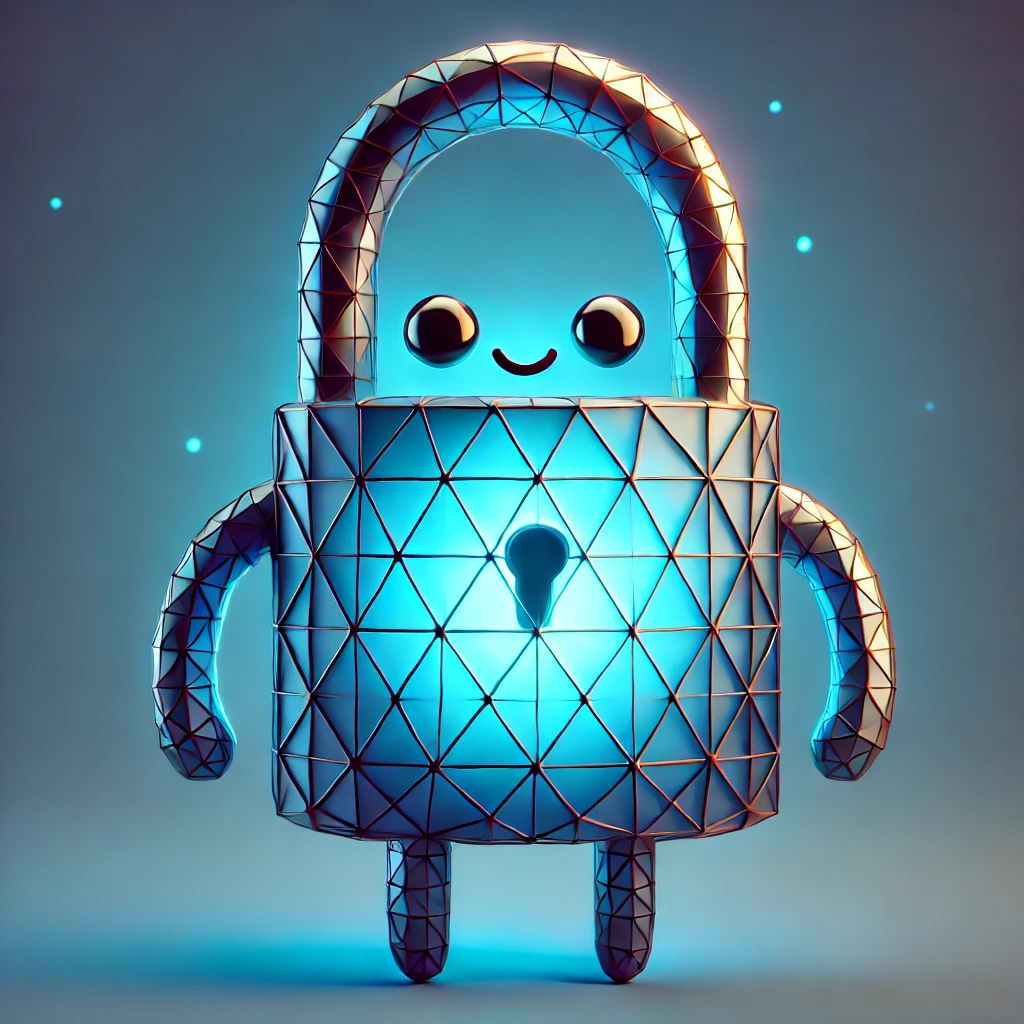 cute, smiling character in the shape of a blue padlock.